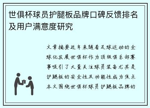 世俱杯球员护腿板品牌口碑反馈排名及用户满意度研究