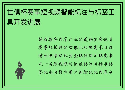 世俱杯赛事短视频智能标注与标签工具开发进展